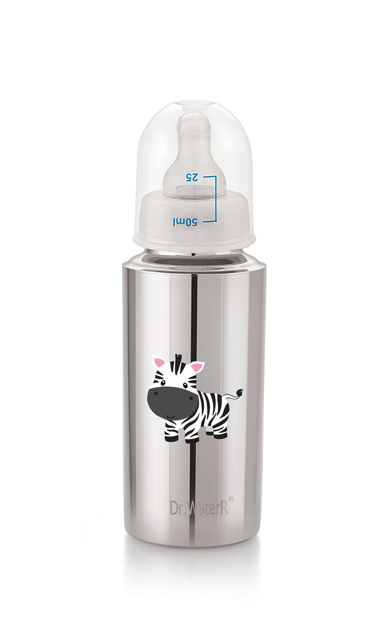 Dr.WaterR Stainless Steel Baby Feeding Bottle 250ml With 1 Extra Nipple Zebra character Printed, narrow neck  Infants 0-3 Years, Bottle for Milk, Water, Juice, Ideal for Home, Gifting, Birthday, Special Occasions