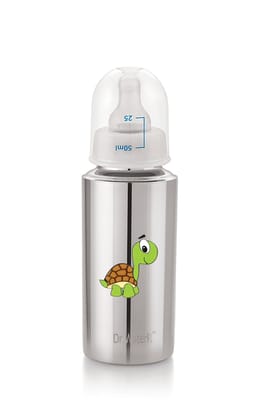 Dr.WaterR Stainless Steel Baby Feeding Bottle 250ml With 1 Extra Nipple Tortoise character Printed, narrow neck  Infants 0-3 Years, Bottle for Milk, Water, Juice, Ideal for Home, Gifting, Birthday, Special Occasions