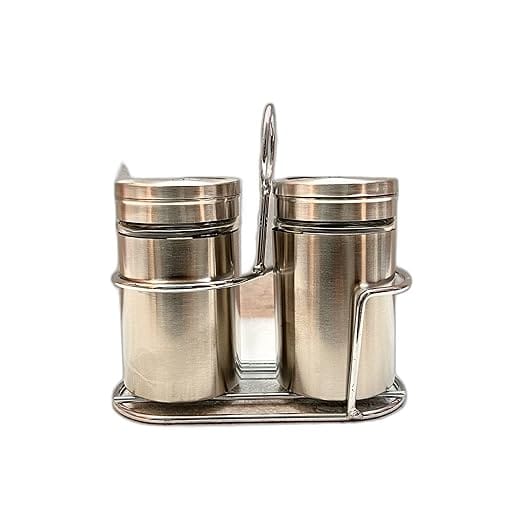 STOREPEDIA Stainless Steel Salt and Pepper Shaker with Stand Air Tight Container/Jar for Kitchen/Home Dining Table Decor Moisture Proof Spice Dispenser Holder Seasoning Condiment Set