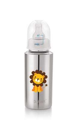 Dr.WaterR Stainless Steel Baby Feeding Bottle 250ml With 1 Extra Nipple Lion character Printed, narrow neck  Infants 0-3 Years, Bottle for Milk, Water, Juice, Ideal for Home, Gifting, Birthday, Special Occasions