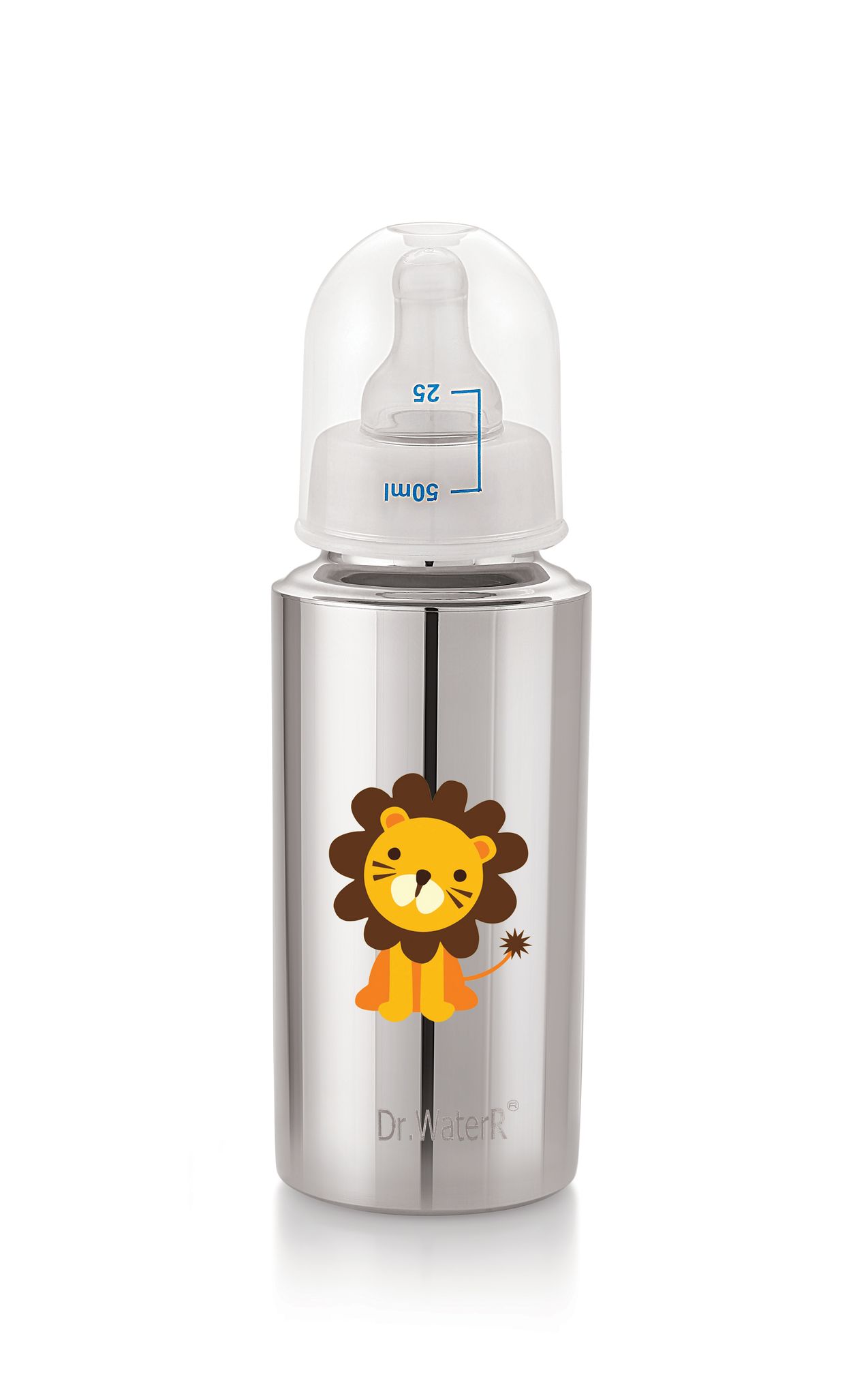 Dr.WaterR Stainless Steel Baby Feeding Bottle 250ml With 1 Extra Nipple Lion character Printed, narrow neck  Infants 0-3 Years, Bottle for Milk, Water, Juice, Ideal for Home, Gifting, Birthday, Special Occasions