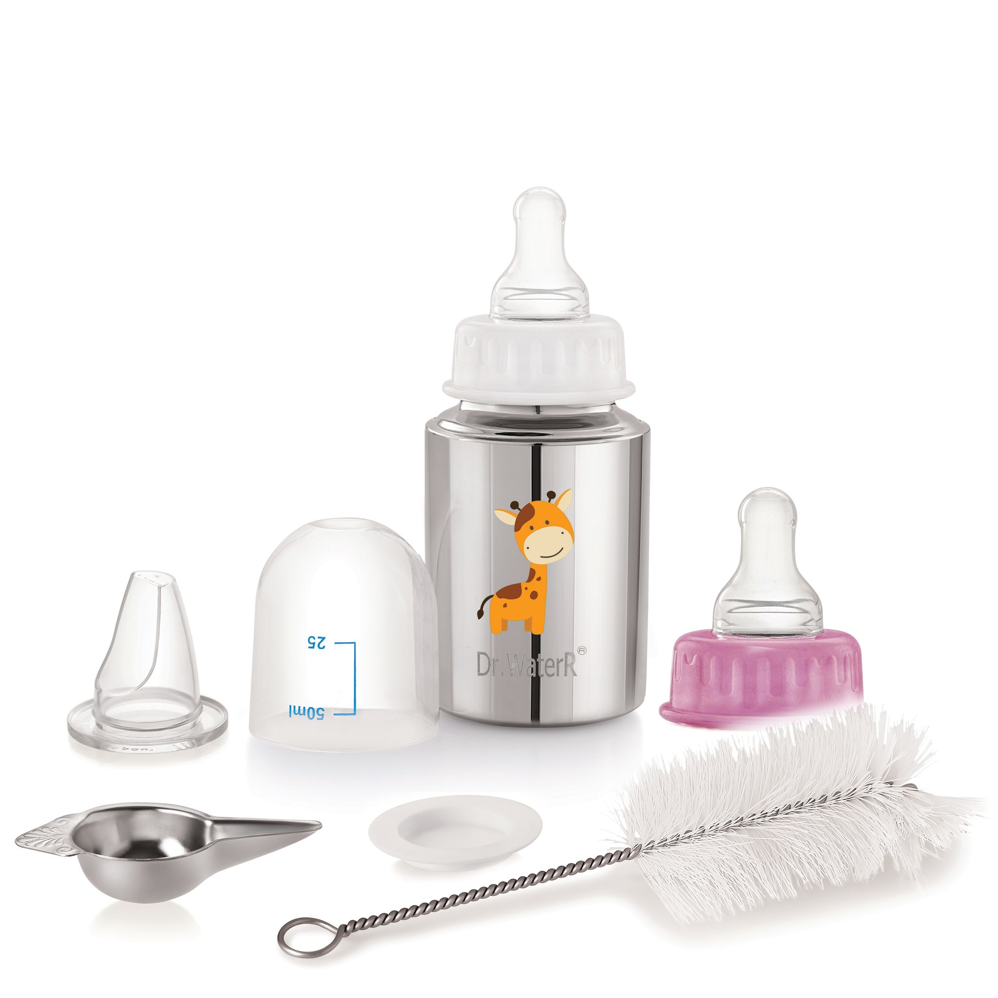 Dr.WaterR Stainless Steel Baby Feeding Bottle Kit 150ml Gift Set Giraffe character Printed, narrow neck  Infants 0-3 Years, Bottle for Milk, Water, Juice, Ideal for Home, Gifting, Birthday, Special Occasions