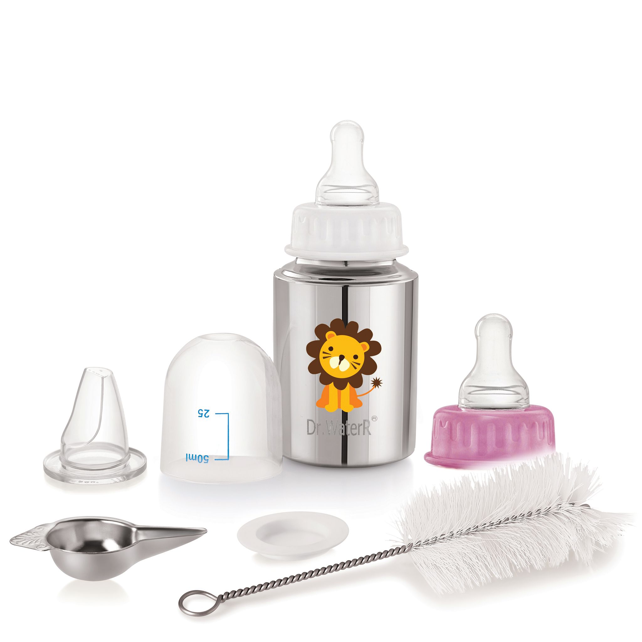 Dr.WaterR Stainless Steel Baby Feeding Bottle Kit 150ml Gift Set Lion character Printed, narrow neck  Infants 0-3 Years, Bottle for Milk, Water, Juice, Ideal for Home, Gifting, Birthday, Special Occasions