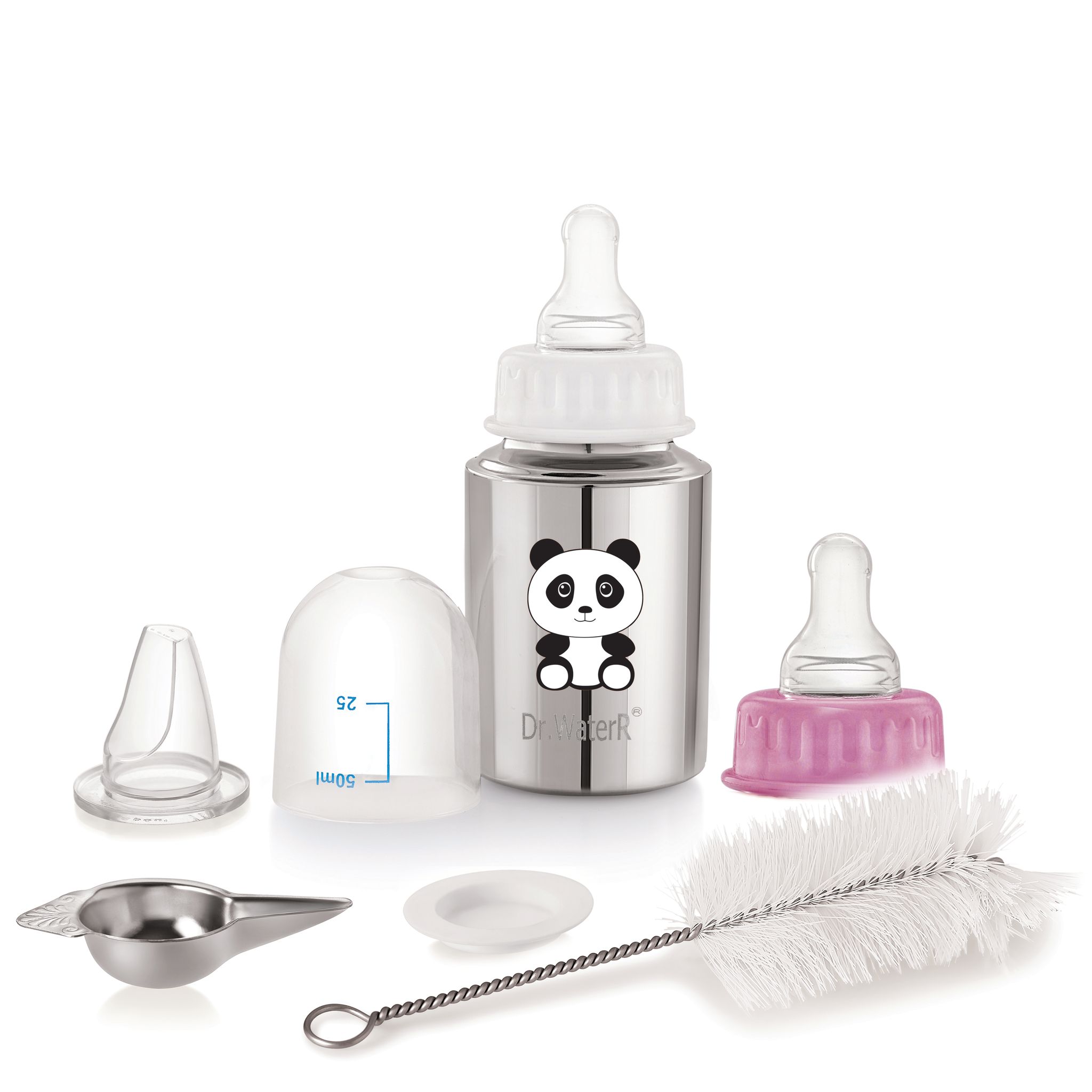 Dr.WaterR Stainless Steel Baby Feeding Bottle Kit 150ml Gift Set Panda character Printed, narrow neck  Infants 0-3 Years, Bottle for Milk, Water, Juice, Ideal for Home, Gifting, Birthday, Special Occasions