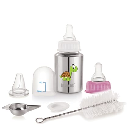 Dr.WaterR Stainless Steel Baby Feeding Bottle Kit 150ml Gift Set Tortoise character Printed, narrow neck  Infants 0-3 Years, Bottle for Milk, Water, Juice, Ideal for Home, Gifting, Birthday, Special Occasions