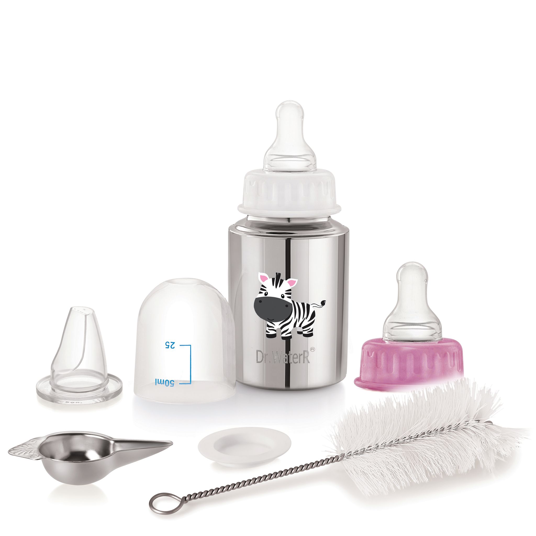 Dr.WaterR Stainless Steel Baby Feeding Bottle Kit 150ml Gift Set Zebra character Printed, narrow neck  Infants 0-3 Years, Bottle for Milk, Water, Juice, Ideal for Home, Gifting, Birthday, Special Occasions