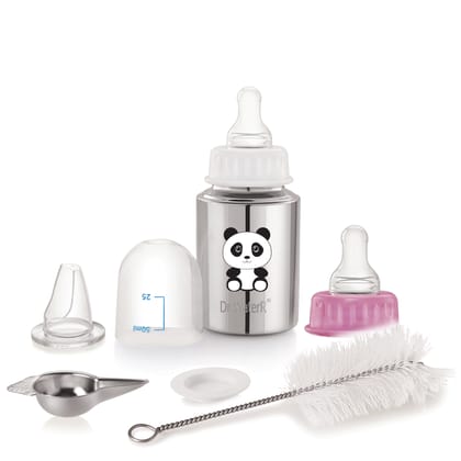 Dr.WaterR Stainless Steel Baby Feeding Bottle Kit 250ml Gift Set Panda character Printed, narrow neck  Infants 0-3 Years, Bottle for Milk, Water, Juice, Ideal for Home, Gifting, Birthday, Special Occasions