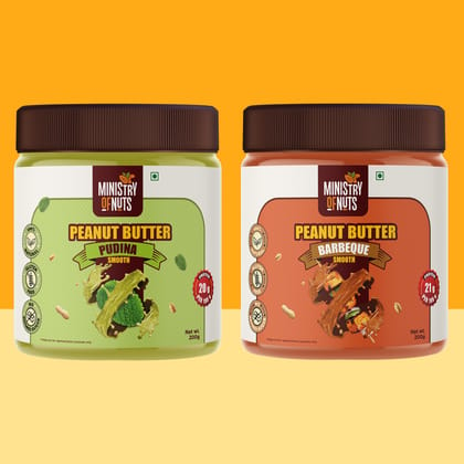 Ministry Of Nuts Pack Of 2 Pudina Smooth Peanut Butter & Barbeque Smooth peanut Butter Total 400g.