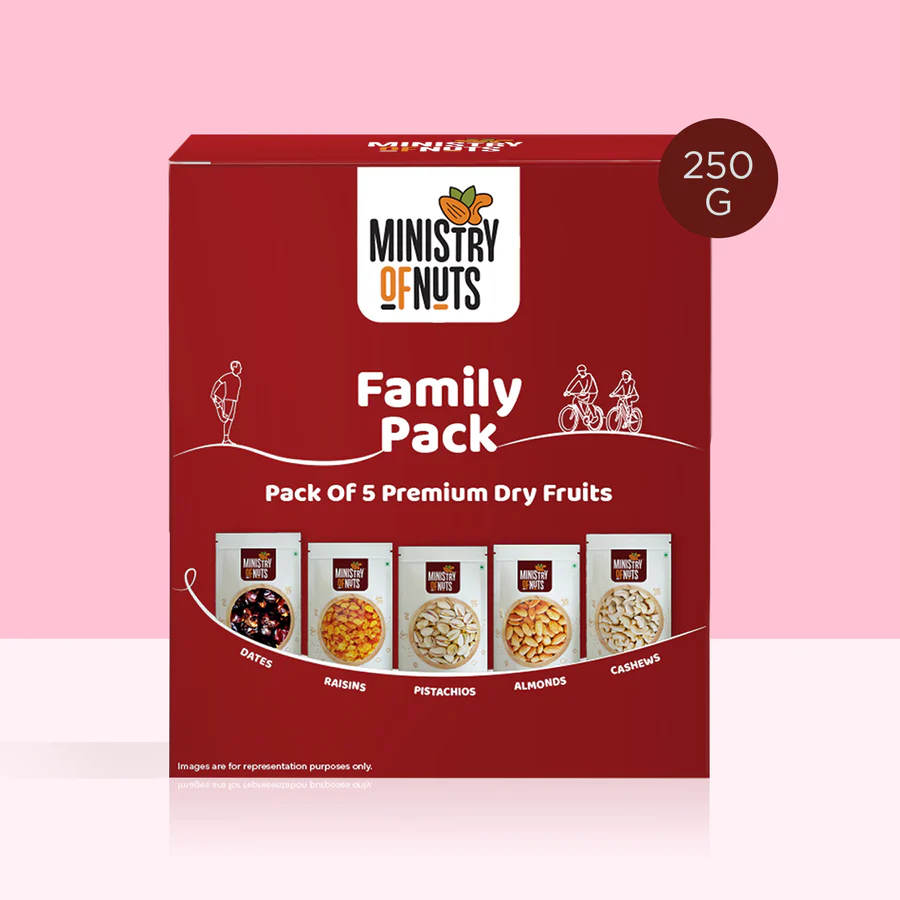 Ministry Of Nuts Family Pack Of 5 Mini Premium Dry Fruits California Almonds 50g, California Pistachios 50g Whole Cashew Nuts 50g, Seedless Raisins 50g & Dates 50g Total 250G