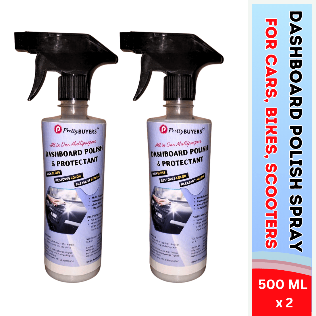 PrettyBUYERS Dashboard Polish and Protectant Spray 500 ML | Car Dashboard Cleaner | Protects and Shines Interiors of Cars, Bikes, Motorcycles, and Scooters Pack of 2