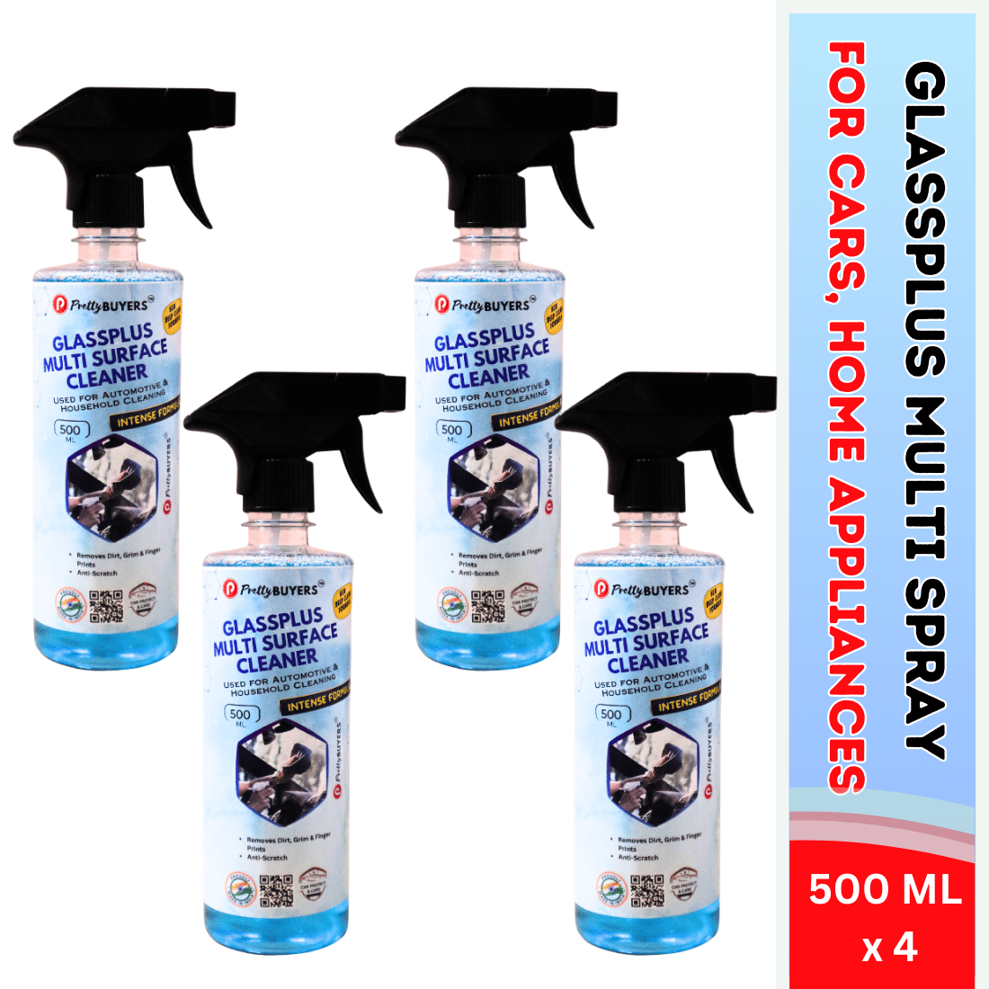 PrettyBUYERS Glass and Surface Cleaner Liquid Spray - 500 ML | All-Purpose Glass Cleaner for Car, Kitchen, and Home Surfaces | Multi-Surface Cleaner Pack Of 4