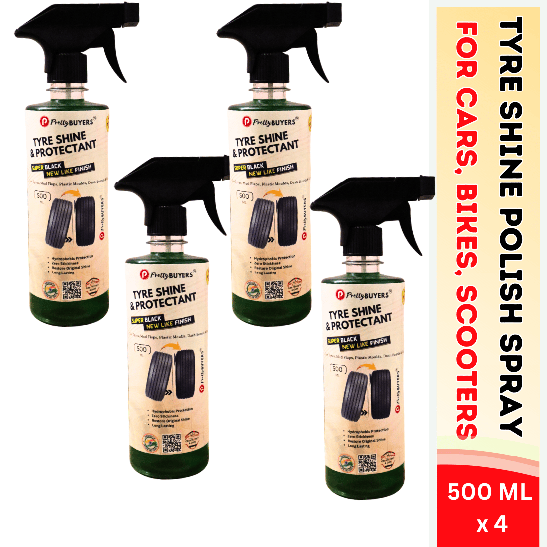 PrettyBUYERS Tyre Shine and Protectant Spray 500 ML for Car & Bike | Long Lasting Tyre Polish | Non-Greasy No Sling Formulation No Dust Attraction Pack Of 4
