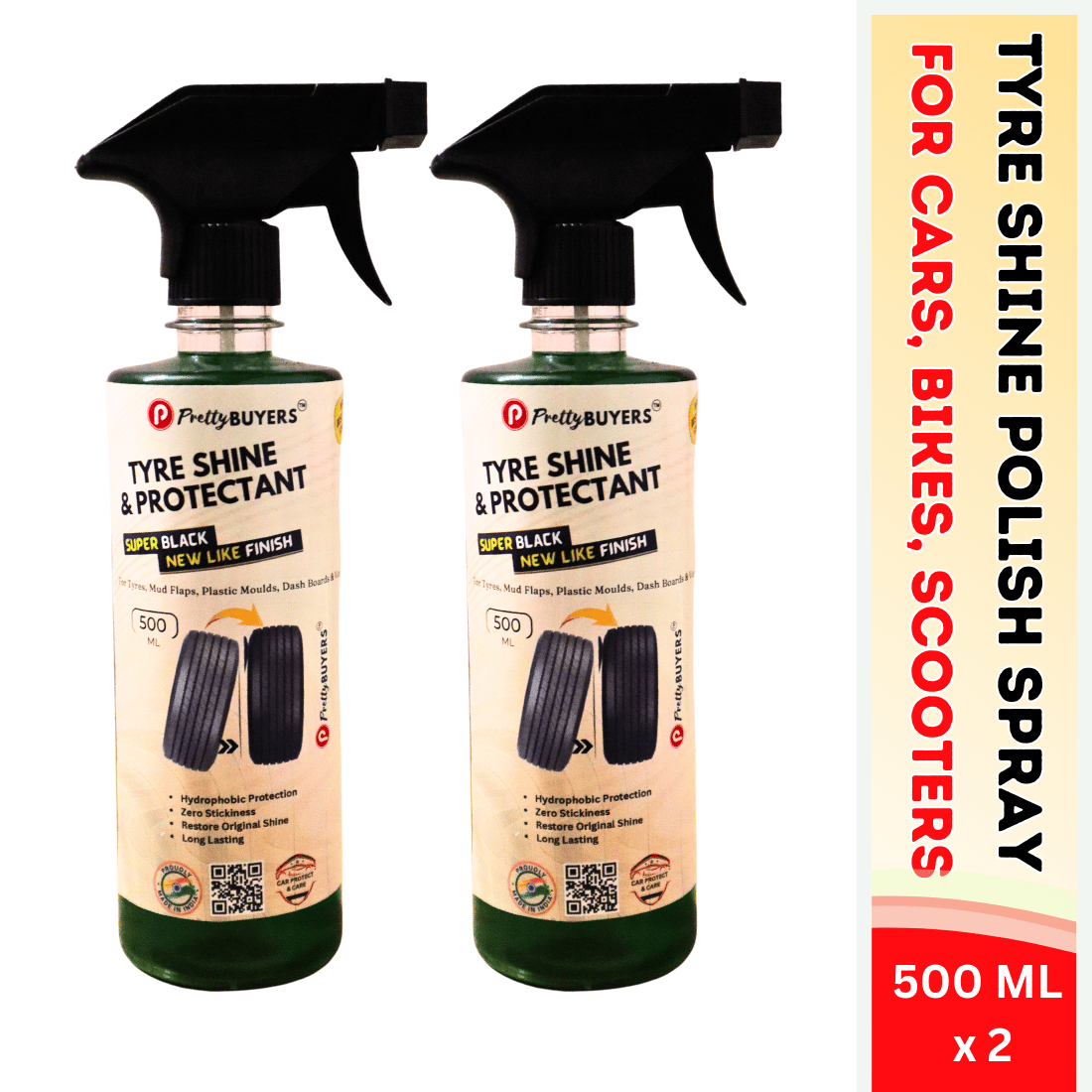 PrettyBUYERS Tyre Shine and Protectant Spray 500 ML for Car & Bike | Long Lasting Tyre Polish | Non-Greasy No Sling Formulation No Dust Attraction Pack Of 2