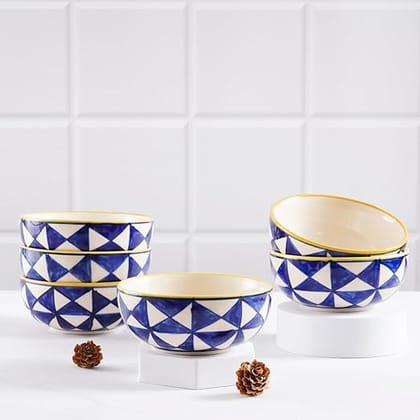 STOREPEDIA Handmade Blue Ceramic Bowls Set of 6, 250 ml Microwave Safe Small Soup Serving Bowl for Kitchen, Dining Table,Restaurant Serving Pasta, Noodle, Maggi, Cereal Blue White