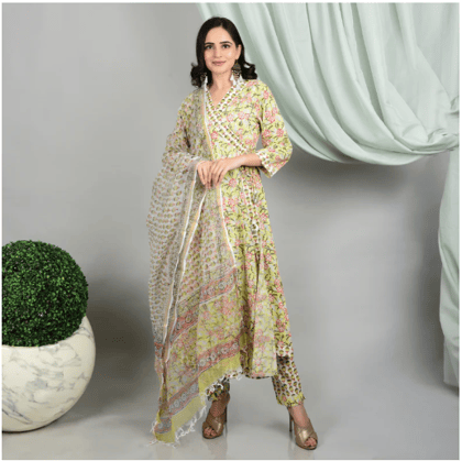 Pistachio Green Hand Block Prints/ 100%Cotton Suit/Lotus