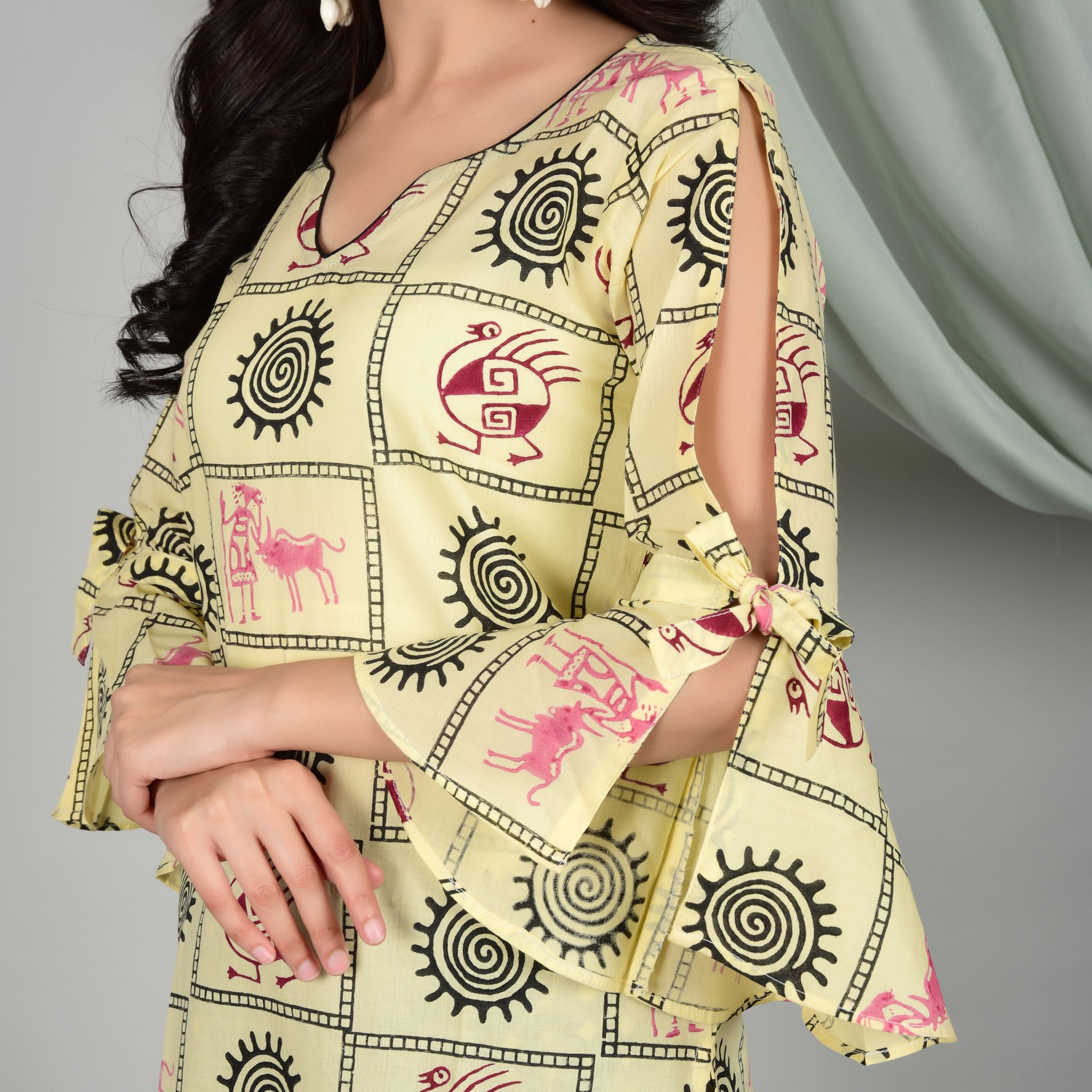 MELLOW YELLOW HAND BLOCK PRINTS PURE COTTON KURTI ADORNED WITH "BELL SHAPED SLEEVES" SET OF 2