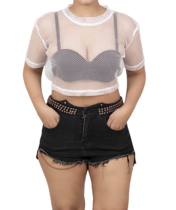 White Oversize Off Shoulder See Through Half Sleeves Fishnet Cropped Western Cover up Top