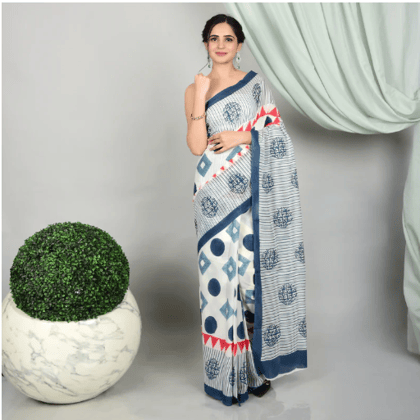 Hand Block Printed Geometric Design Saree