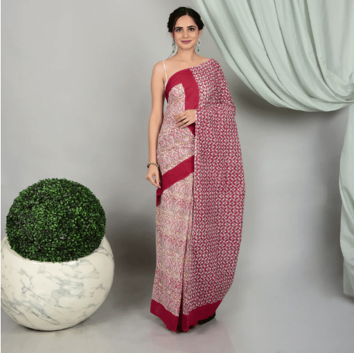 Maroon Green Jaal Hand Block Printed Mul Cotton Saree