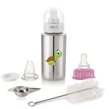 Dr.WaterR Stainless Steel Baby Feeding Bottle Kit 250ml Gift Set Tortoise character Printed, narrow neck  Infants 0-3 Years, Bottle for Milk, Water, Juice, Ideal for Home, Gifting, Birthday, Special Occasions