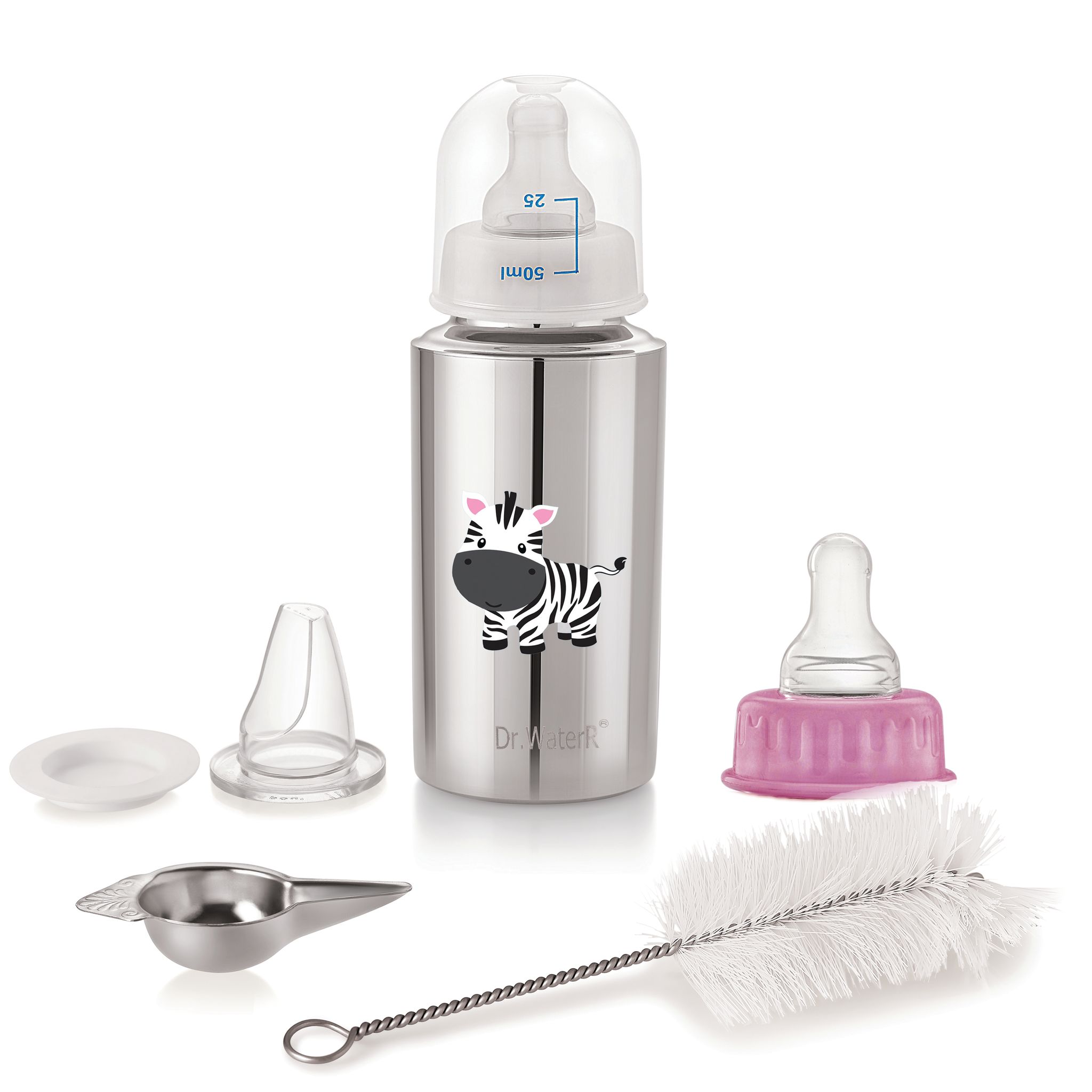 Dr.WaterR Stainless Steel Baby Feeding Bottle Kit 250ml Gift Set Zebra character Printed, narrow neck  Infants 0-3 Years, Bottle for Milk, Water, Juice, Ideal for Home, Gifting, Birthday, Special Occasions