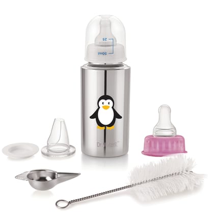 Dr.WaterR Stainless Steel Baby Feeding Bottle Kit 250ml Gift Set Pengiun character Printed, narrow neck  Infants 0-3 Years, Bottle for Milk, Water, Juice, Ideal for Home, Gifting, Birthday, Special Occasions