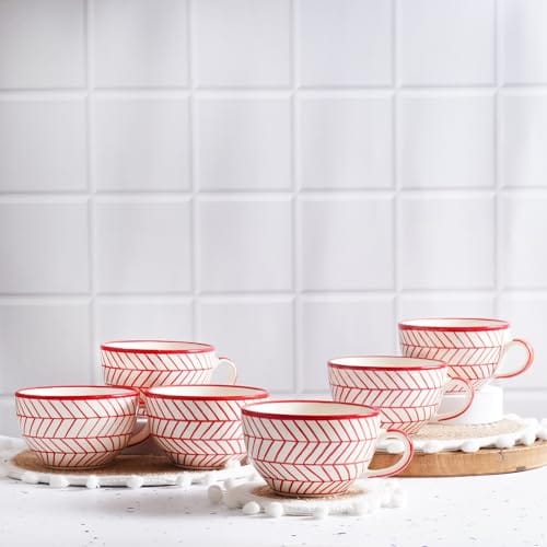 STOREPEDIA Handmade Red Striped Ceramic Coffee Mug Cup Set of 6, 400ml Microwave Dishwasher Safe, Coffee Soup Tea Chai Milk Mugs, Cup for Daily, Office, Gift Multipurpose Use Jumbo Large Size