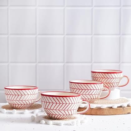 STOREPEDIA Handmade Red Striped Ceramic Coffee Mug Cup Set of 4, 400ml Microwave Dishwasher Safe, Coffee Soup Tea Chai Milk Mugs, Cup for Daily, Office, Gift Multipurpose Use Jumbo Large Size