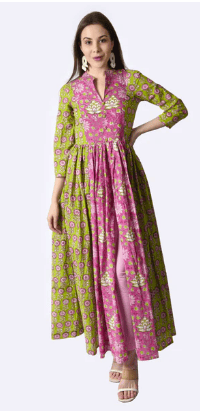 Pink/ Parrot Green Hand Block Printed 3 Piece Kurti Set