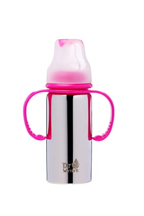 Dr.WaterR Stainless Steel Baby Feeding Bottle with Easy-Hold with pink handle full steel mirror- Milk, Water, and Juice Nipple Bottle - 250ml