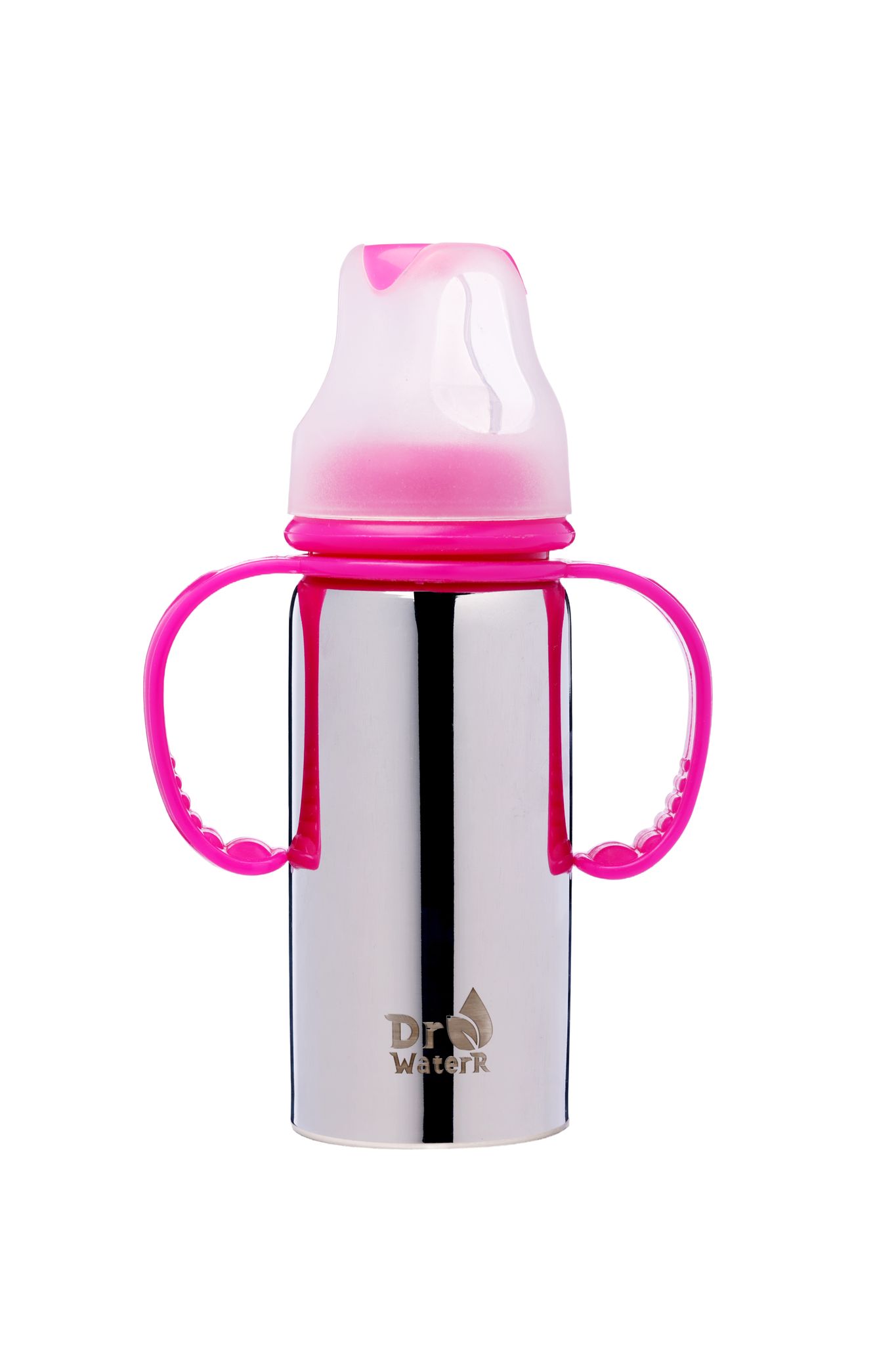 Dr.WaterR Stainless Steel Baby Feeding Bottle with Easy-Hold with pink handle full steel mirror- Milk, Water, and Juice Nipple Bottle - 250ml