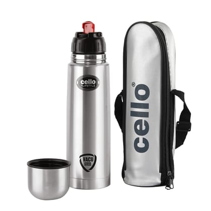 Cello Thermosteel Bottle Flipstyle Stainless Steel Vacuum Insulated Flask with Jacket 1000ml| Hot and Cold Water Bottle with Flip lid | Double Walled Silver Bottle for Home, Office, Travel | Steel Thermos Bottle 1L