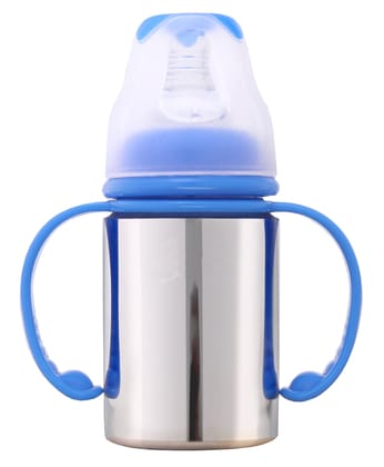 Dr.WaterR Stainless Steel Baby Feeding Bottle with Easy-Hold with blue handle full steel mirror- Milk, Water, and Juice Nipple Bottle - 150ml