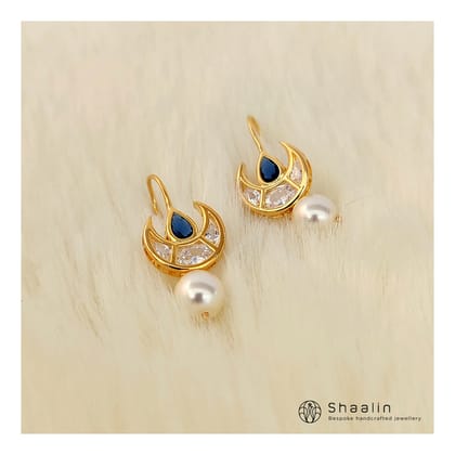 Sterling Silver Based Crescent Design Blue Stone Earrings