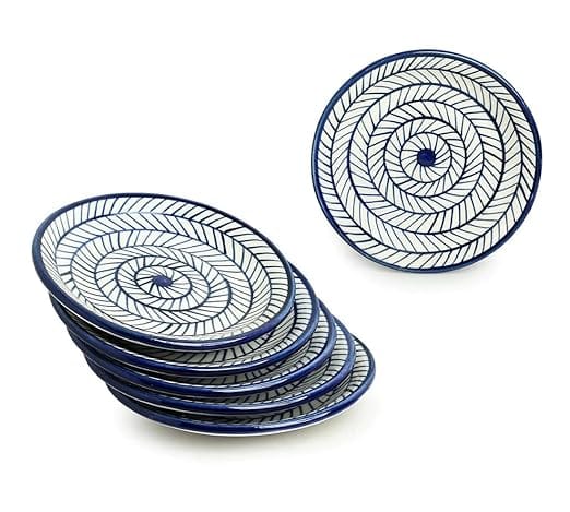 STOREPEDIA Handpainted Ceramic Quarter Plates, Blue Strips, Snaks Dessert Plate Ceramic Plates for Lunch Breakfast, Serving Decor Plates, Dishwasher Safe, Set of 6 (21 cm)