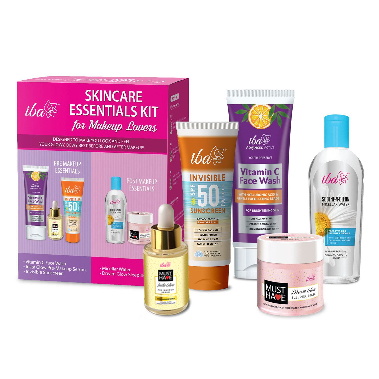 Iba Skincare Essentials Kit for Makeup Lovers l Pre Makeup & Post Makeup Essentials l Vitamin C Face Wash | Pre Makeup Serum Primer | Sunscreen l Makeup Remover | Overnight Sleeping Mask