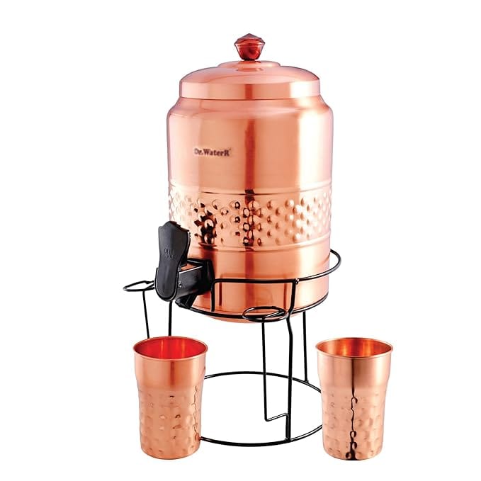 Dr. WaterR Pure Copper Water Dispenser Matka with Stand, Ideal for Home Kitchen/Reception/Office (Dispenser with Stand + 2 Glass)