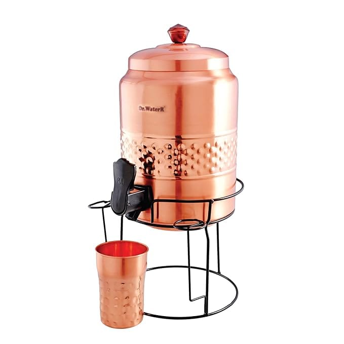 Dr. WaterR Pure Copper Water Dispenser Matka with Stand, Ideal for Home Kitchen/Reception/Office (Dispenser with Stand + 1 Glass)