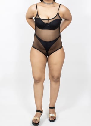 Tempting and Alluring Bare Back Transparent Black See Through Broad Neck Beach, Swim Wear Bodysuit