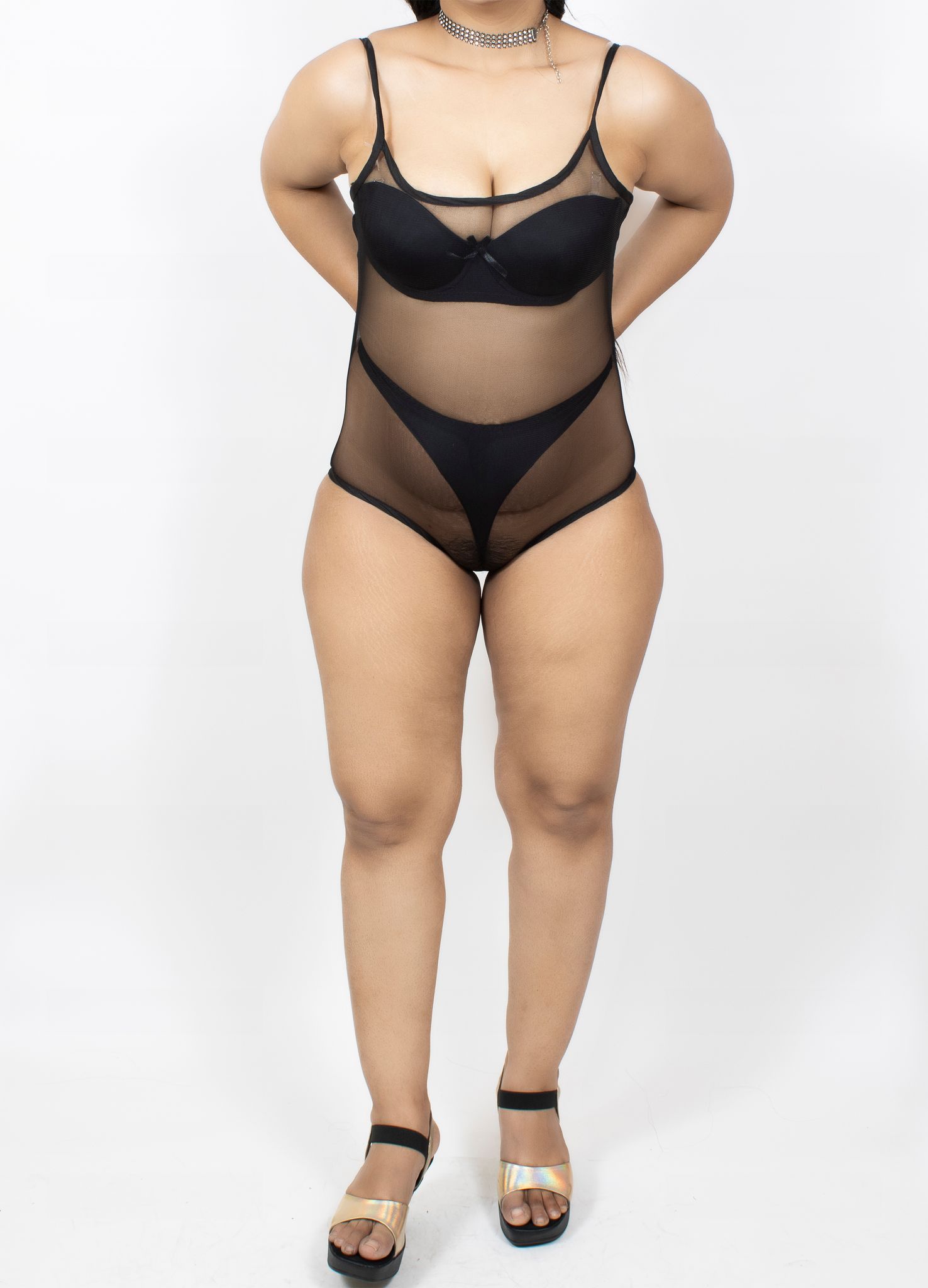 Black Tempting and Alluring Bare Back Transparent See Through Broad Neck Beach, Swim Wear Bodysuit