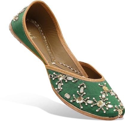 HEER Women's Ethnic Handmade Jutti |Traditional Flat Mojari |Embroidered Canvas Slip on Bellies Peacock Green