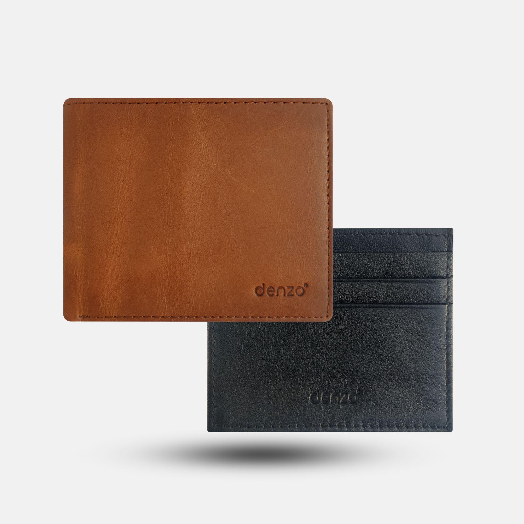 Elegance Duo: ClassicFold Tan Wallet & Black Calf Leather Card Holder Set by DENZO"