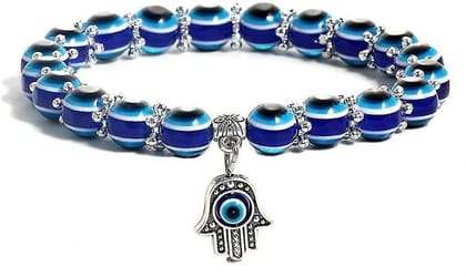 Turkish Evil Eye Blue Beaded Hamsa Charm Stretch Bracelet Hand of Fatima Turkish Evil Eye Lucky Bracelet for Protection and Blessing