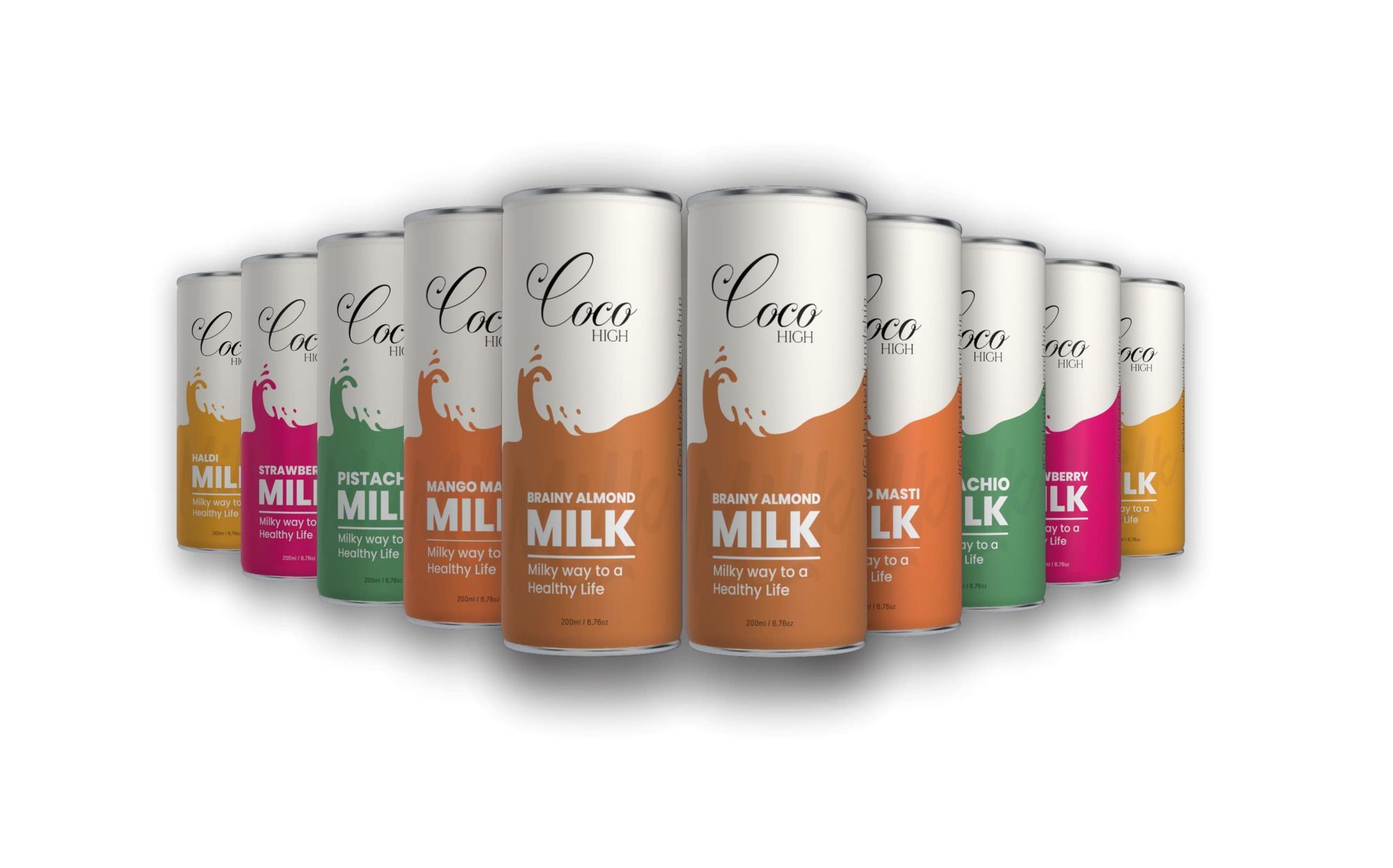 COCO HIGH� Combo of Flavoured Milk Brainy Almond (1 Can) + Pistachios (1 Can) + Haldi (1 Can) + Mango (1 Can) + Strawberry (2 Cans) - 200 Ml x 6 Cans | High Protein | Ready to Drink | Ready to Serve | Milkshake