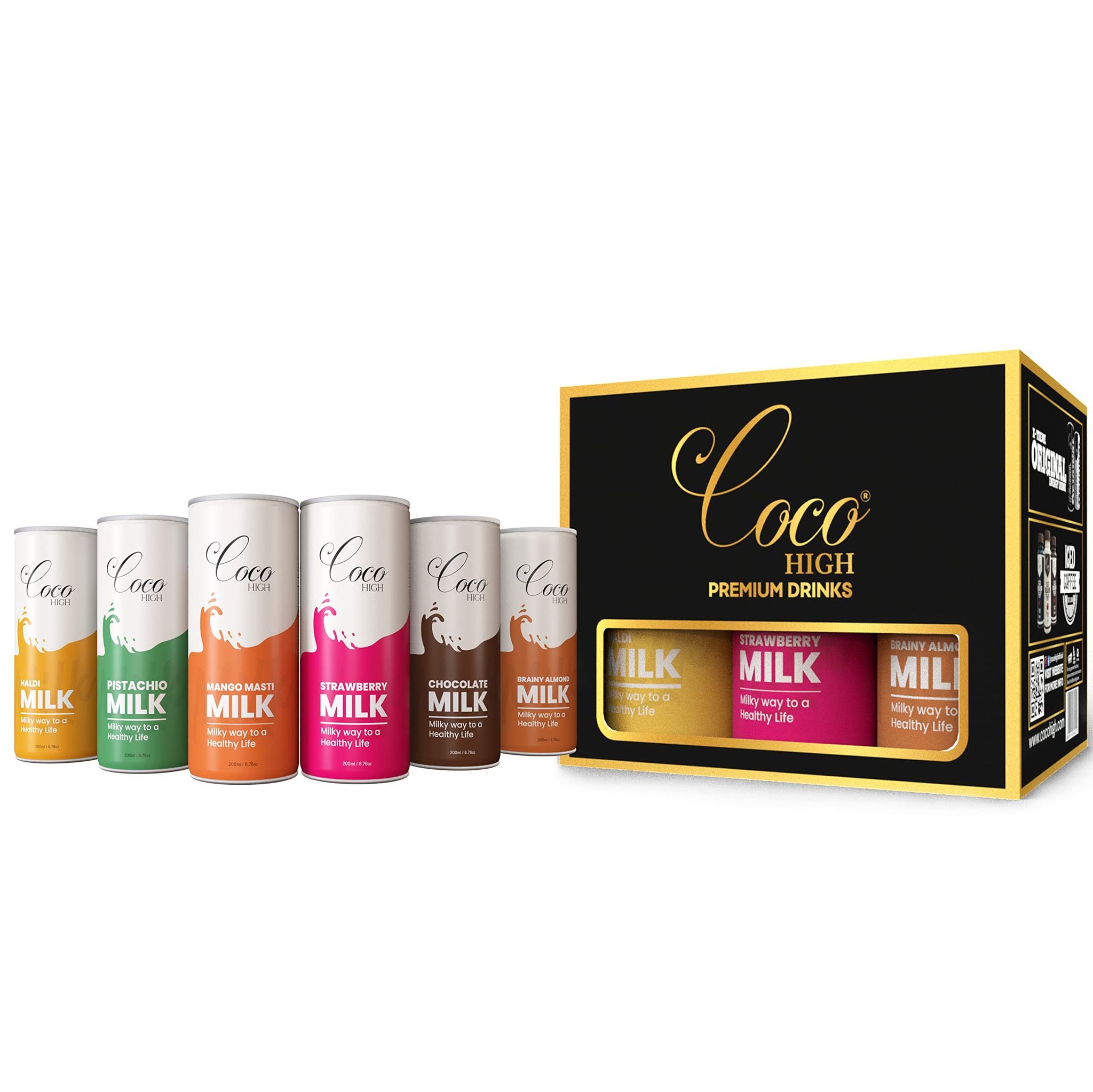 COCO HIGH� Combo of Flavoured Milk Brainy Almond (2 Can) + Pistachios (1 Can) + Chocolate(1 Can) + Mango (1 Can) + Strawberry (1 Cans) - 200 Ml x 6 Cans / High Protein / Ready to Drink / Diwali Gift Box / Gift Box