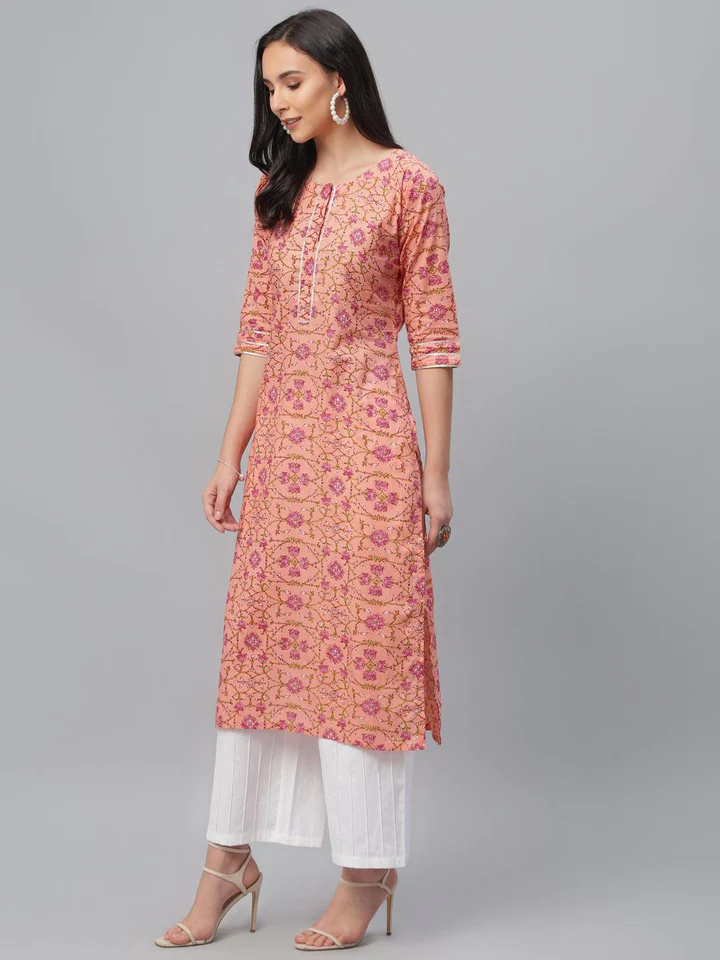 Peach Printed Cotton Kurta set