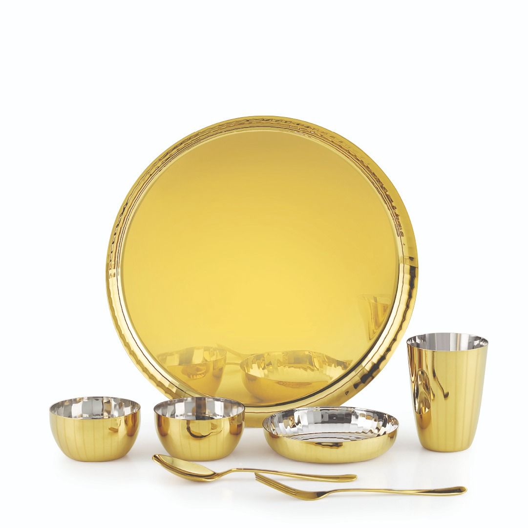 iRin by Dr.WaterR Stainless Steel Diamond Gold PVD Dinner Set Ideal for Home Kitchen Restaurant Gifting Wedding Parivar Set 1 Plate/Thali 2 Bowl 1 Plate 1 Glass 1 Spoon 1 Fork Pack of 7 (Gold)