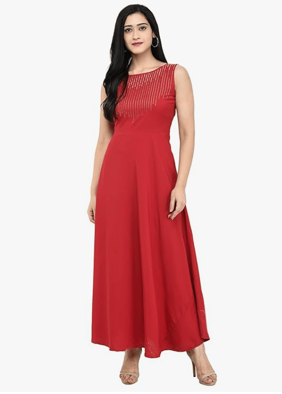 Beauty Craze Women’s Crepe Embellished Sleeveless Round Neck Gown Maxi