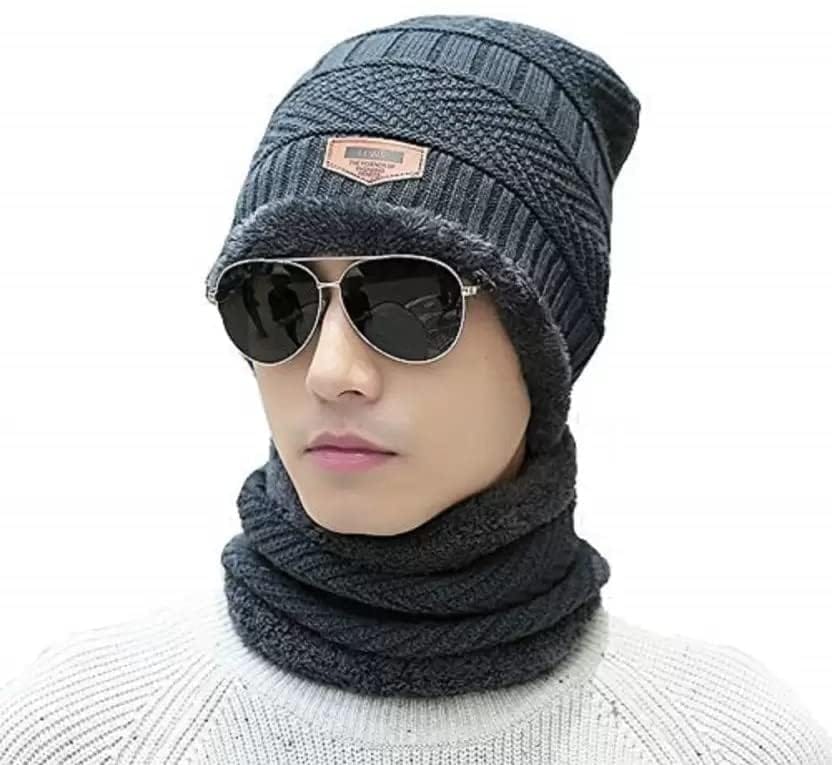 Glammore Women�s and Men�s Woollen Beanie Cap with Neck Warmer. Knitted Cap with Fur Lining-Men�s Woolen Cap with Neck Muffler -Grey