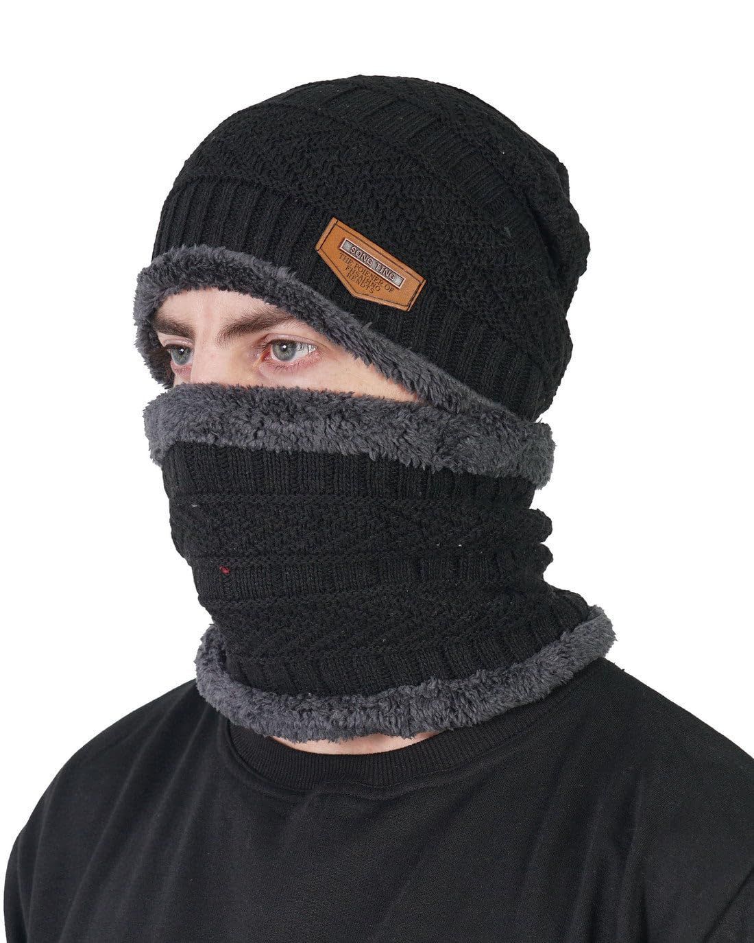 Glammore Men�s and Women's Woollen 2 in 1 Winter Set -Black Beanie Cap with Neck Warmer